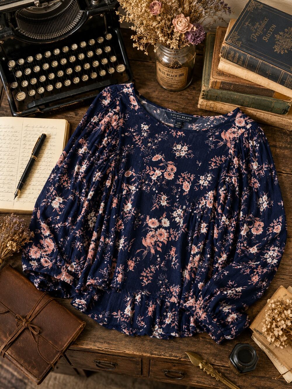 Lucky Brand Floral Peplum Blouse Navy Pink Long Sleeve Women's XS